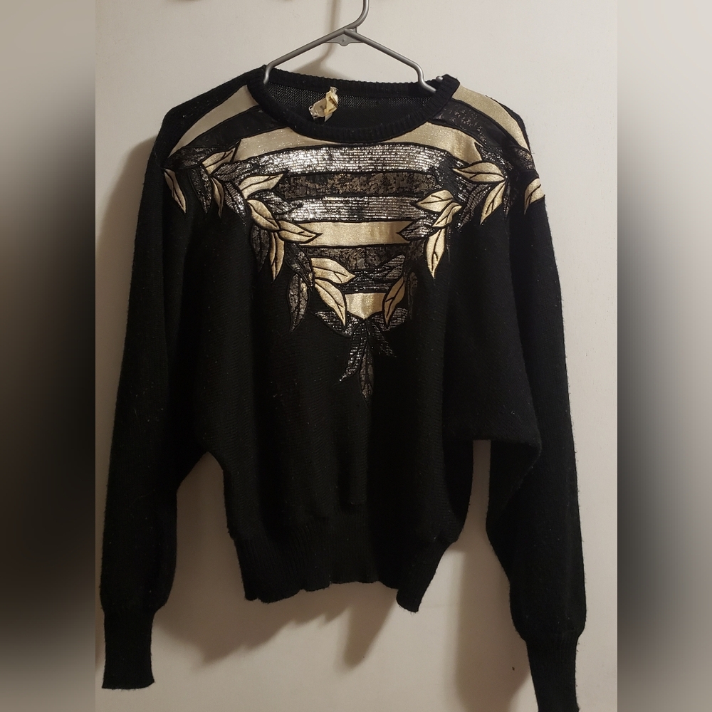 Vintage Black Sweater With Gold-Silver Leaves Pattern